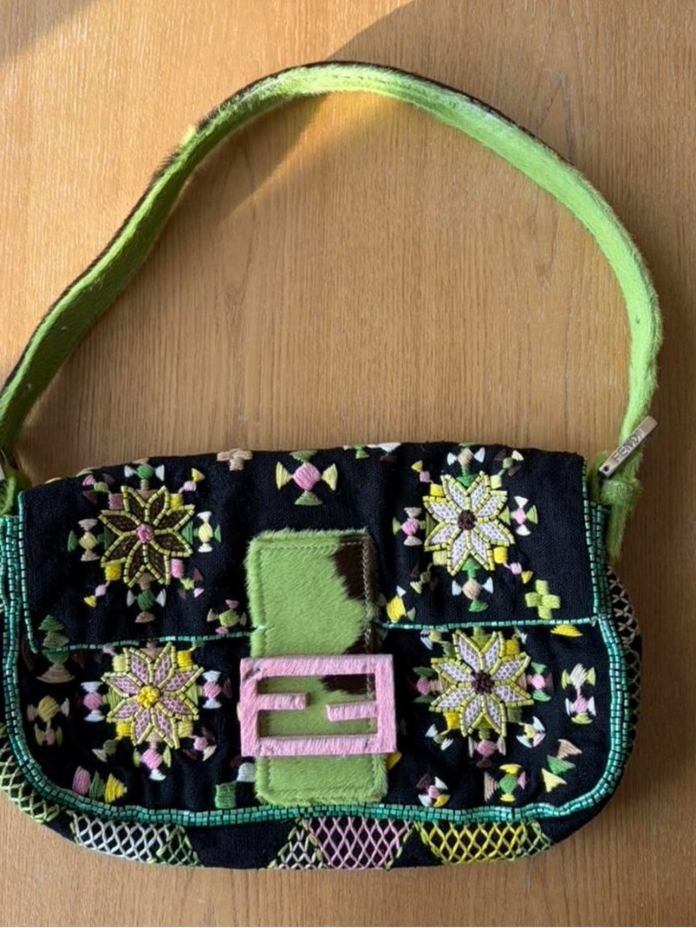 Vintage FENDI Beaded Floral Baguette Shoulder Bag Rare Lime Green Pink 🩷💚🖤